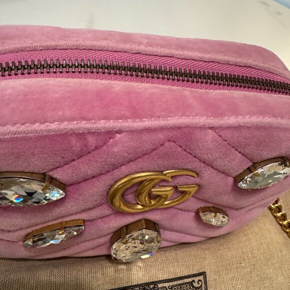 RARE Gucci Pink Velvet Marquise Crystal Mini GG Marmont Shoulder Bag - Picture 10 of 16